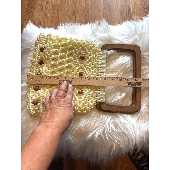 VTG 1970s Macrame Purse Wooden Handle, Beads Festival Boho Hippie Cottage Core - Picture 2 of 9